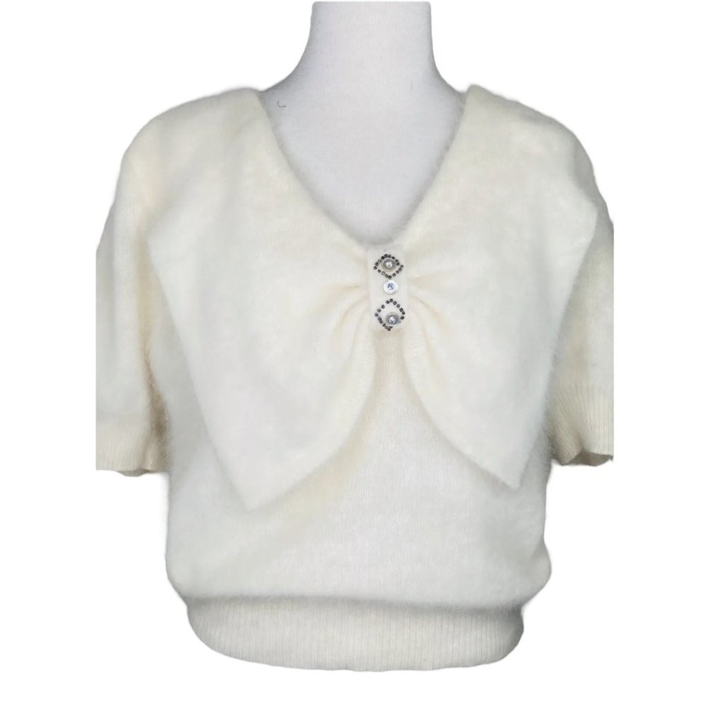 I B DIFFUSION Angora Sweater Dolman Sleeve Ivory Beaded Bow Accent Vintage Top - Picture 9 of 14